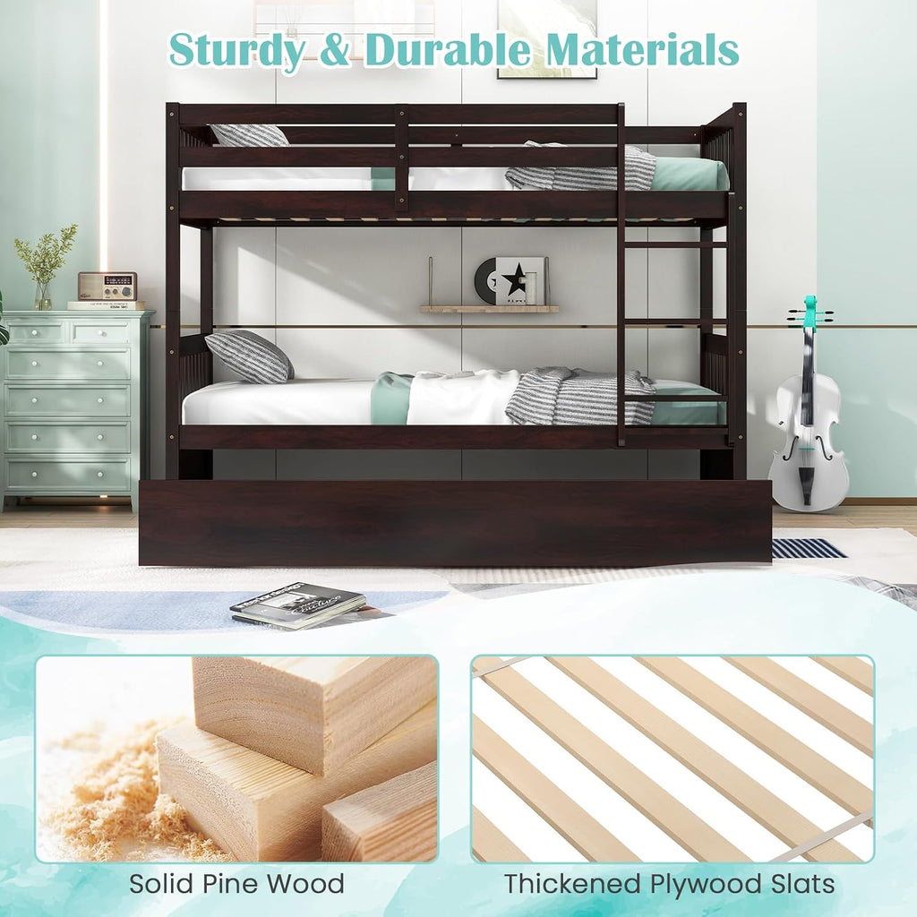 MAT EXPERT Twin Over Twin Bunk Bed with Trundle, Solid Wood Bunk Bed Frame w/Ladder, Slats & Rail, Convertible Twin Size Platform Bed for Kids, Space-Saving Bunk Beds for Bedroom Dorm (Espresso)
