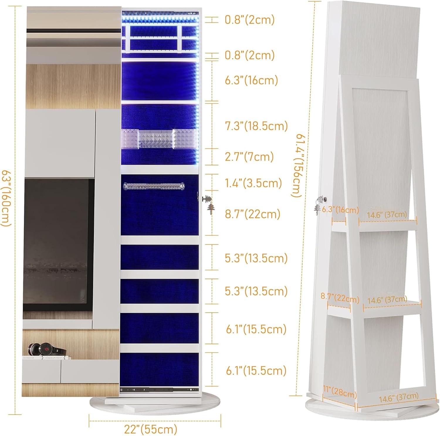 LVSOMT 360° Swivel Jewelry Mirror Cabinet with Lights, Standing Jewelry Armoire Organizer, 63' Rotatable Full-Length Mirror with Jewelry Storage, Lockable with Back Storage Shelve, White