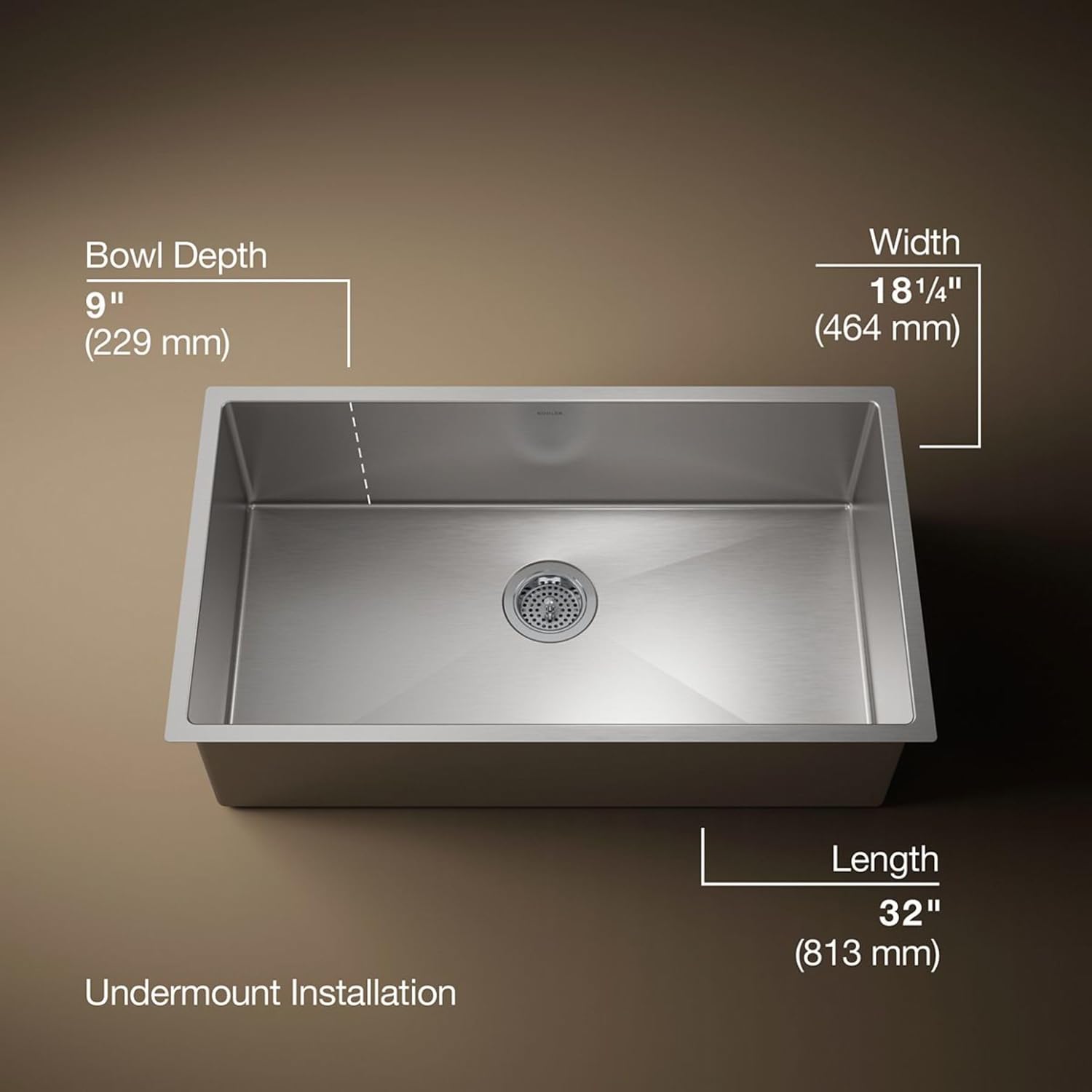 KOHLER Strive® 32' Undermount Kitchen Sink, Single Bowl Kitchen Sinks with Basin Rack, Stainless Steel, K-5285-NA