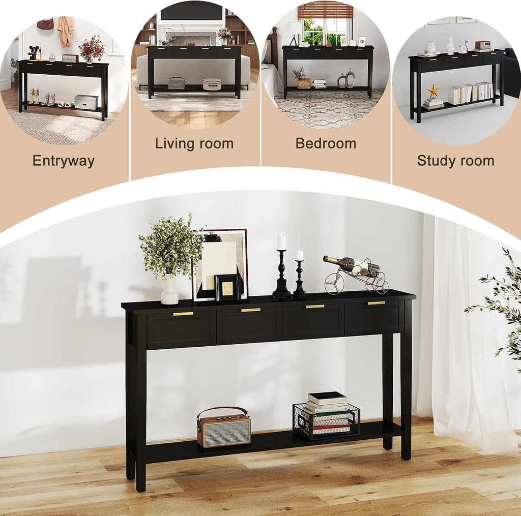 kinbor Long Console Table - 2-Tier Narrow Sofa Table with Open Shelf & 4 Drawers, Modern Narrow Console Table Entryway Table with Storage for Entryway Living Room Bedroom Kitchen, Black