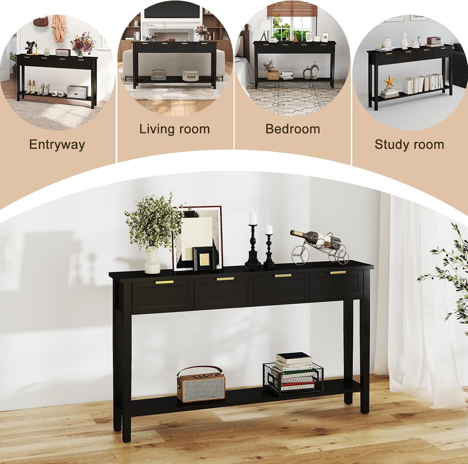kinbor Long Console Table - 2-Tier Narrow Sofa Table with Open Shelf & 4 Drawers, Modern Narrow Console Table Entryway Table with Storage for Entryway Living Room Bedroom Kitchen, Black