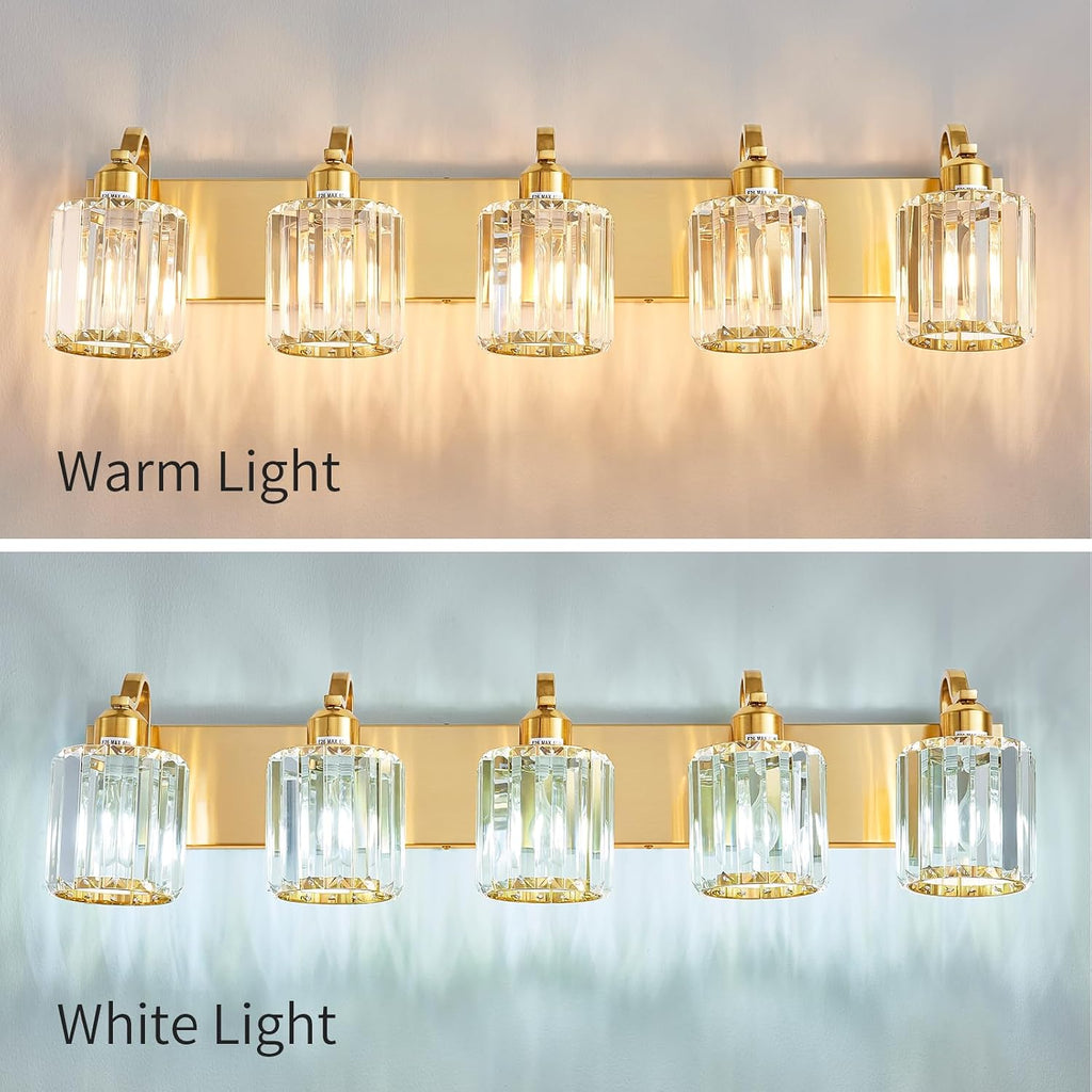 Modern Crystal Bathroom Vanity Light 5 Lights Crooked Gold Over Mirror Wall Lighting Fixture with Round Shade (Exclude Bulb)
