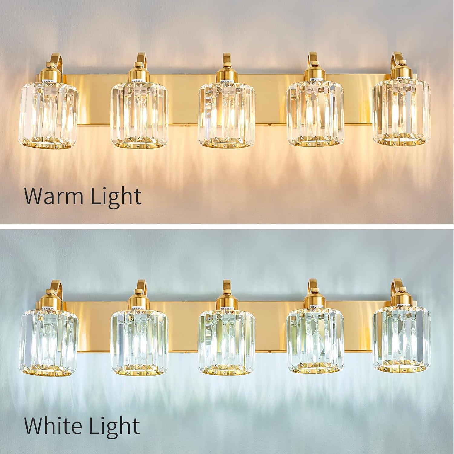 Modern Crystal Bathroom Vanity Light 5 Lights Crooked Gold Over Mirror Wall Lighting Fixture with Round Shade (Exclude Bulb)