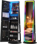 Vlskra Jewelry Cabinet with LED lights, Lockable Mirror Jewelry Cabinet Standing, Rotatable Full Length Mirror with Storage, Space-Saving Jewelry Armoire Organizer, Foldable Makeup Shelf, Black