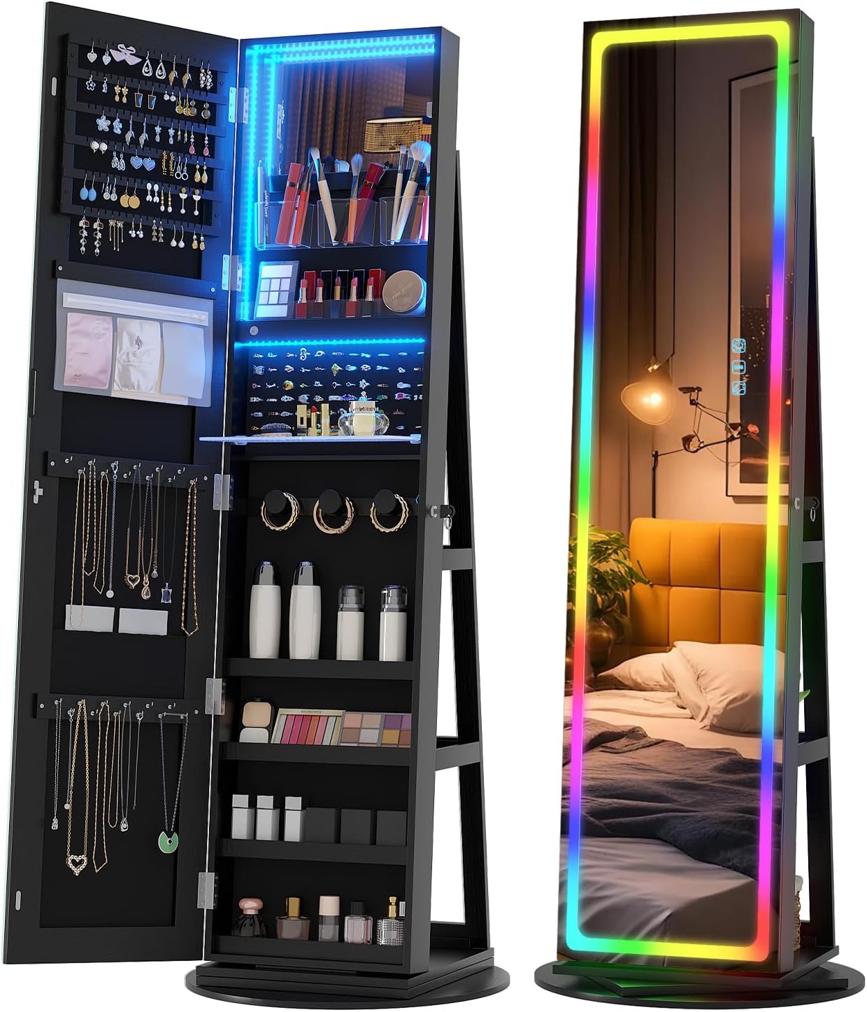 Vlskra Jewelry Cabinet with LED lights, Lockable Mirror Jewelry Cabinet Standing, Rotatable Full Length Mirror with Storage, Space-Saving Jewelry Armoire Organizer, Foldable Makeup Shelf, Black