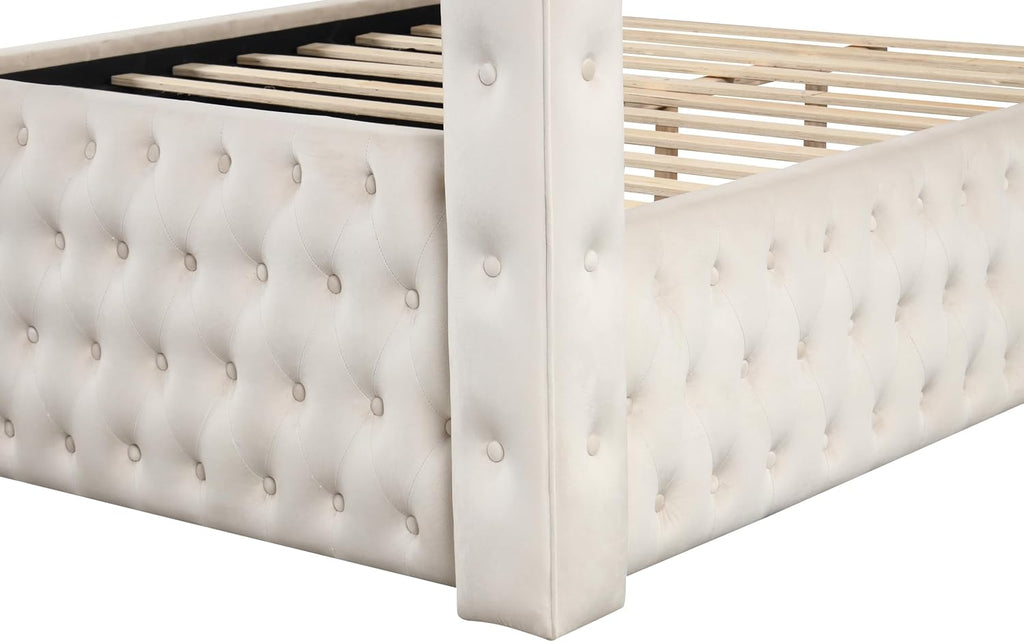 Luxurious Four Poster Full 5 Pc Vanity Bedroom Set Made with Wood in Cream