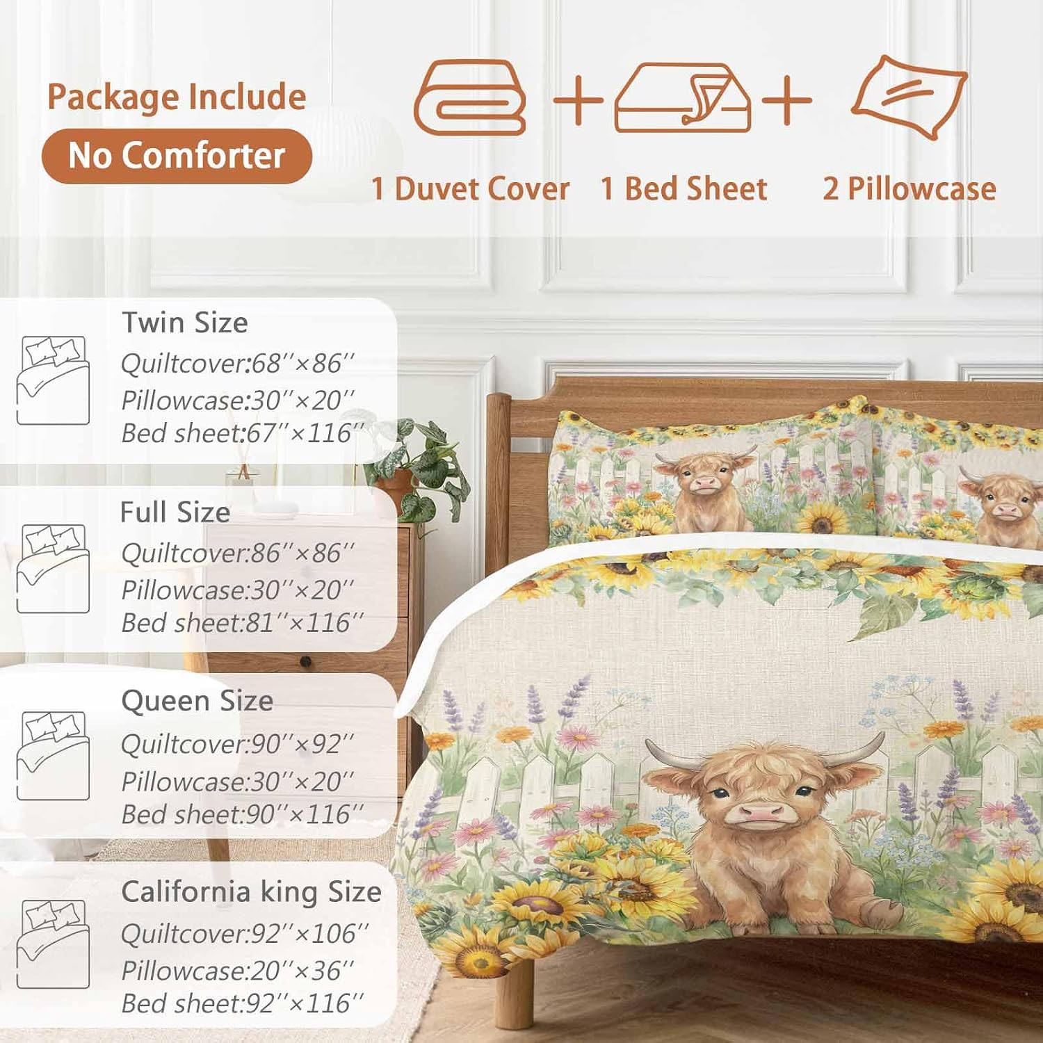 Farm Highland Cattle Duvet Cover Set Queen Size 4 Pieces Farmhouse Sunflower Cow Fence Linen Texture Bedding Set with Zipper Closure, 1 Comforter Cover 92x106 Inches 1 Flat Sheet & 2 Pillow Cases