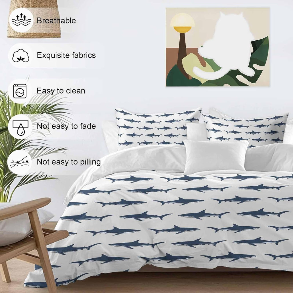 Prime Leader Abstract Sharks Duvet Cover Set Queen Size 4 Pieces Navy Blue Fish Simple Style Ocean Life Bedding Set with Zipper Closure, 1 Comforter Cover 92x106 Inches 1 Flat Sheet & 2 Pillow Cases