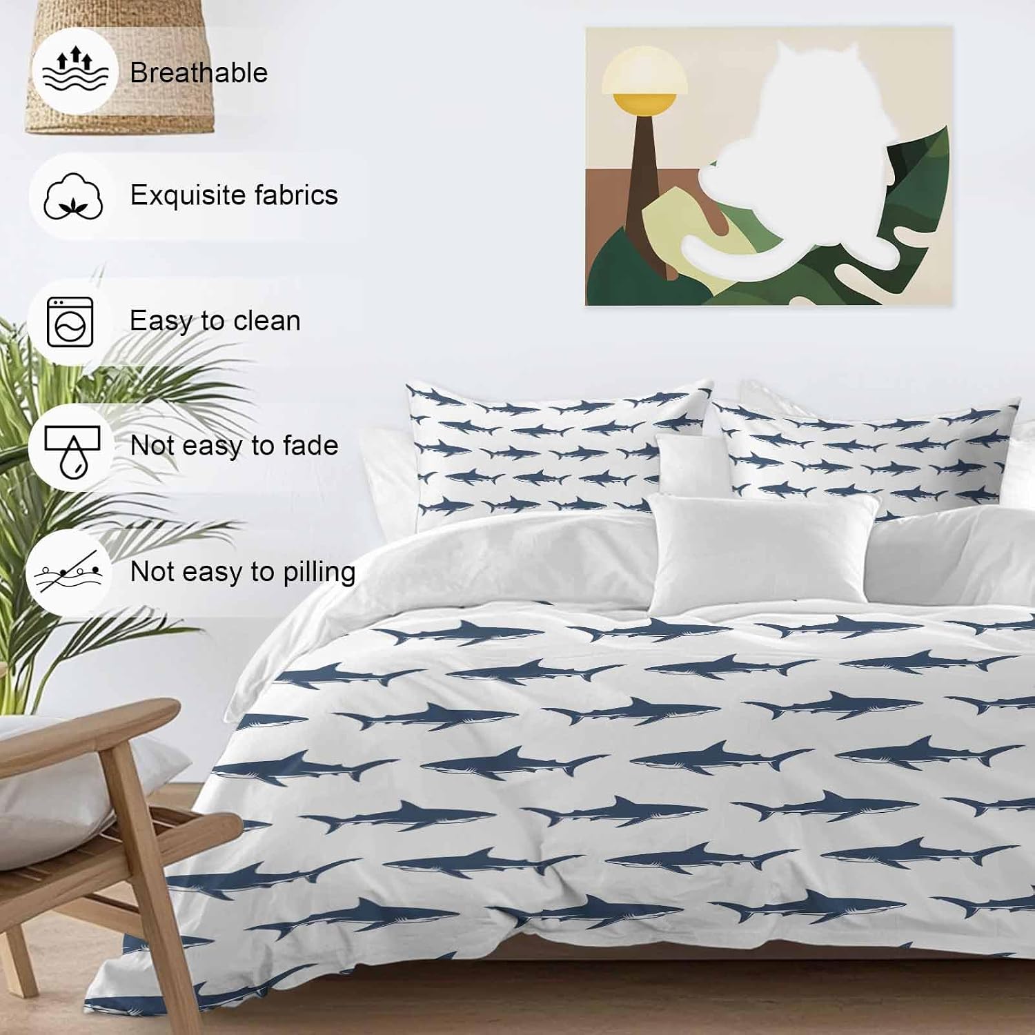 Prime Leader Abstract Sharks Duvet Cover Set Queen Size 4 Pieces Navy Blue Fish Simple Style Ocean Life Bedding Set with Zipper Closure, 1 Comforter Cover 92x106 Inches 1 Flat Sheet & 2 Pillow Cases