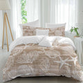Prime Leader Brown Coastal Duvet Cover Set Queen Size 4 Pieces Nautical Starfish Seahorse Coral Summer Bedding Set with Zipper Closure, 1 Comforter Cover 92x106 Inches 1 Flat Sheet & 2 Pillow Cases