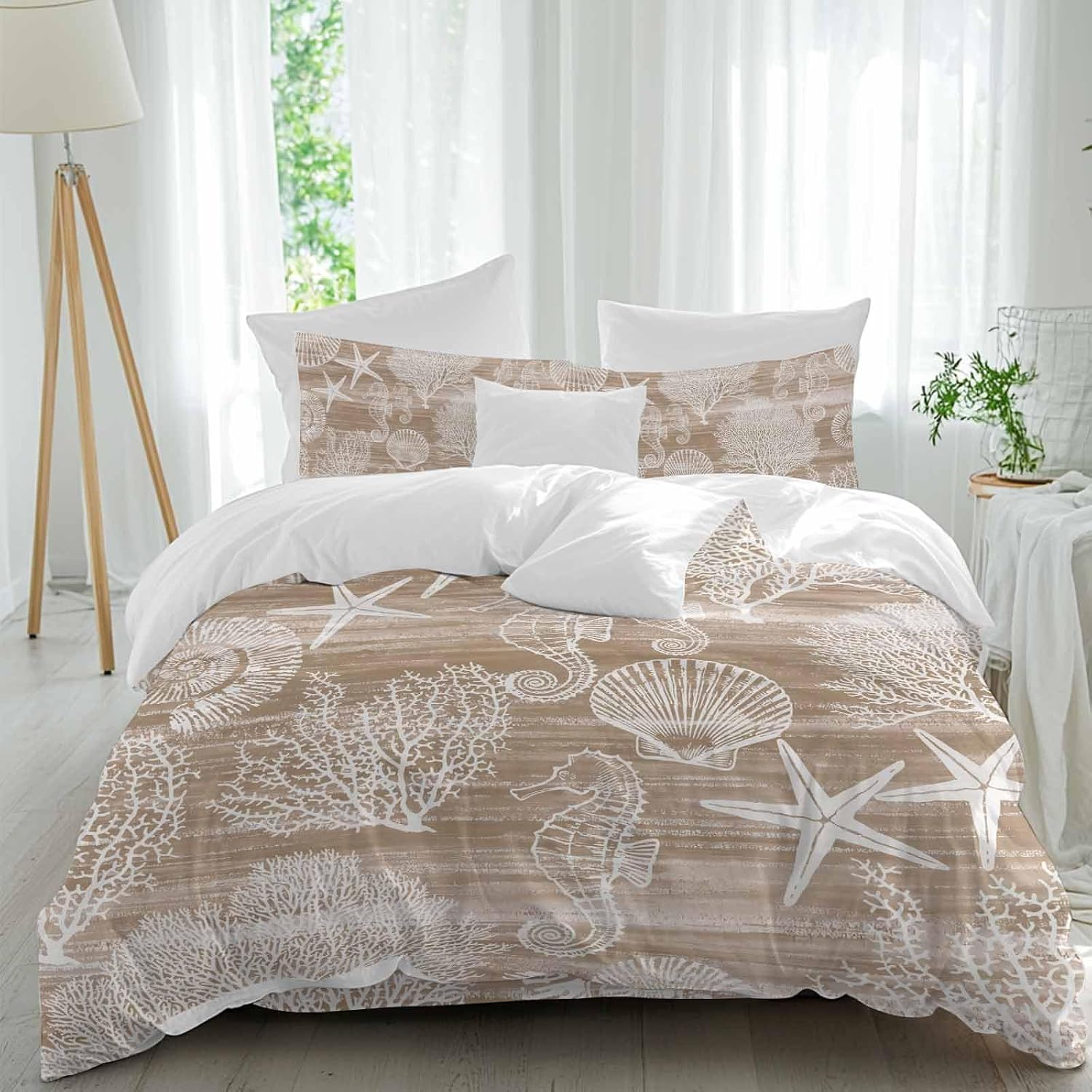 Prime Leader Brown Coastal Duvet Cover Set Queen Size 4 Pieces Nautical Starfish Seahorse Coral Summer Bedding Set with Zipper Closure, 1 Comforter Cover 92x106 Inches 1 Flat Sheet & 2 Pillow Cases