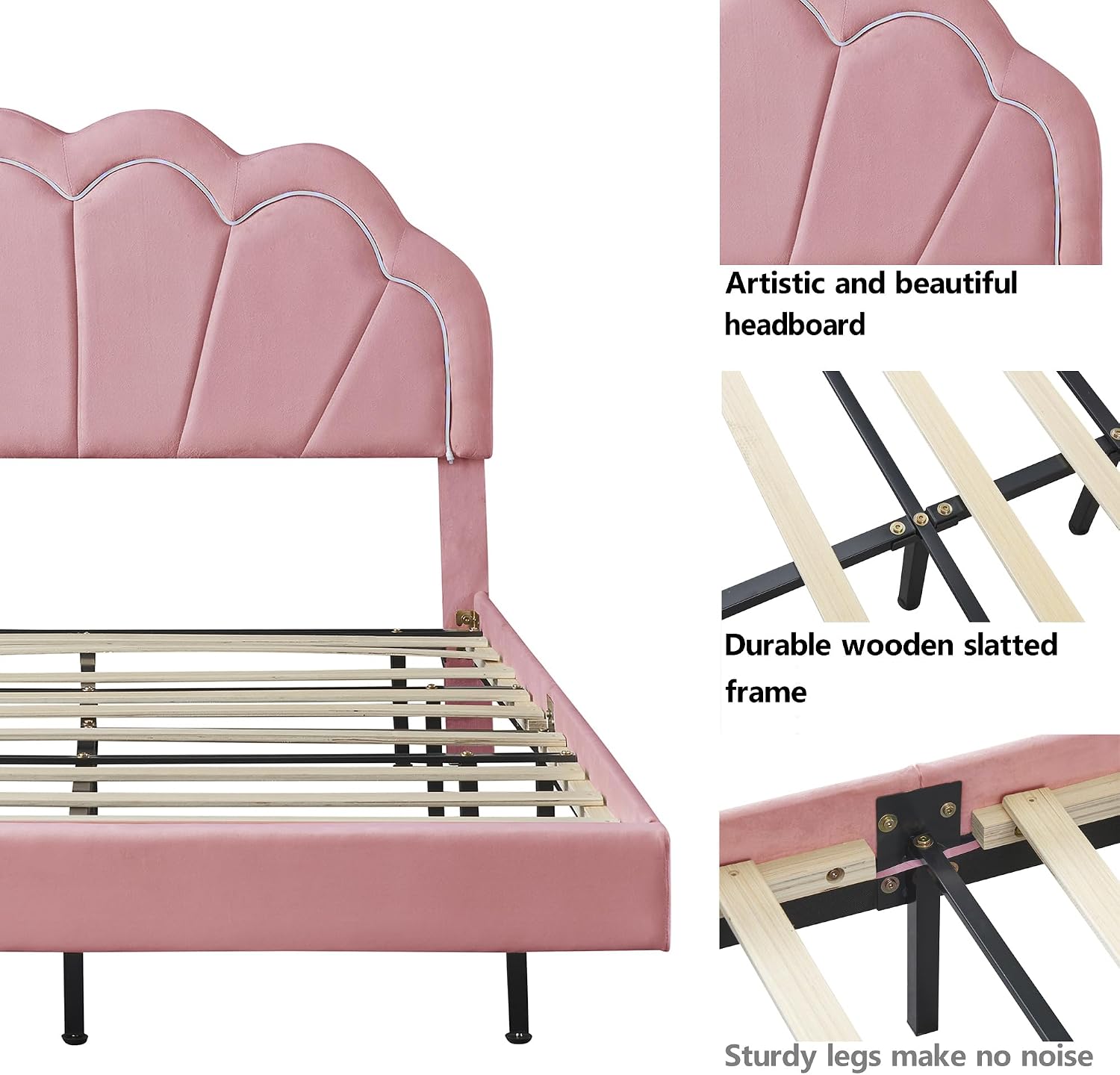 2-Pieces Bedroom Sets,Full Size Upholstered Led Platform Bed with Storage Ottoman,Easy to Assemble,No Box Spring Needed (Pink-4)