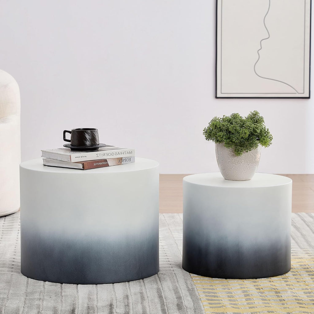 Round Coffee Table Set of 2, Modern Circle Nesting Coffee Table Double Wood End/Side Table for Living Room Small Spaces, Minimalist Abstract Mist Gradient - Black to White,18.9' & 14.96'