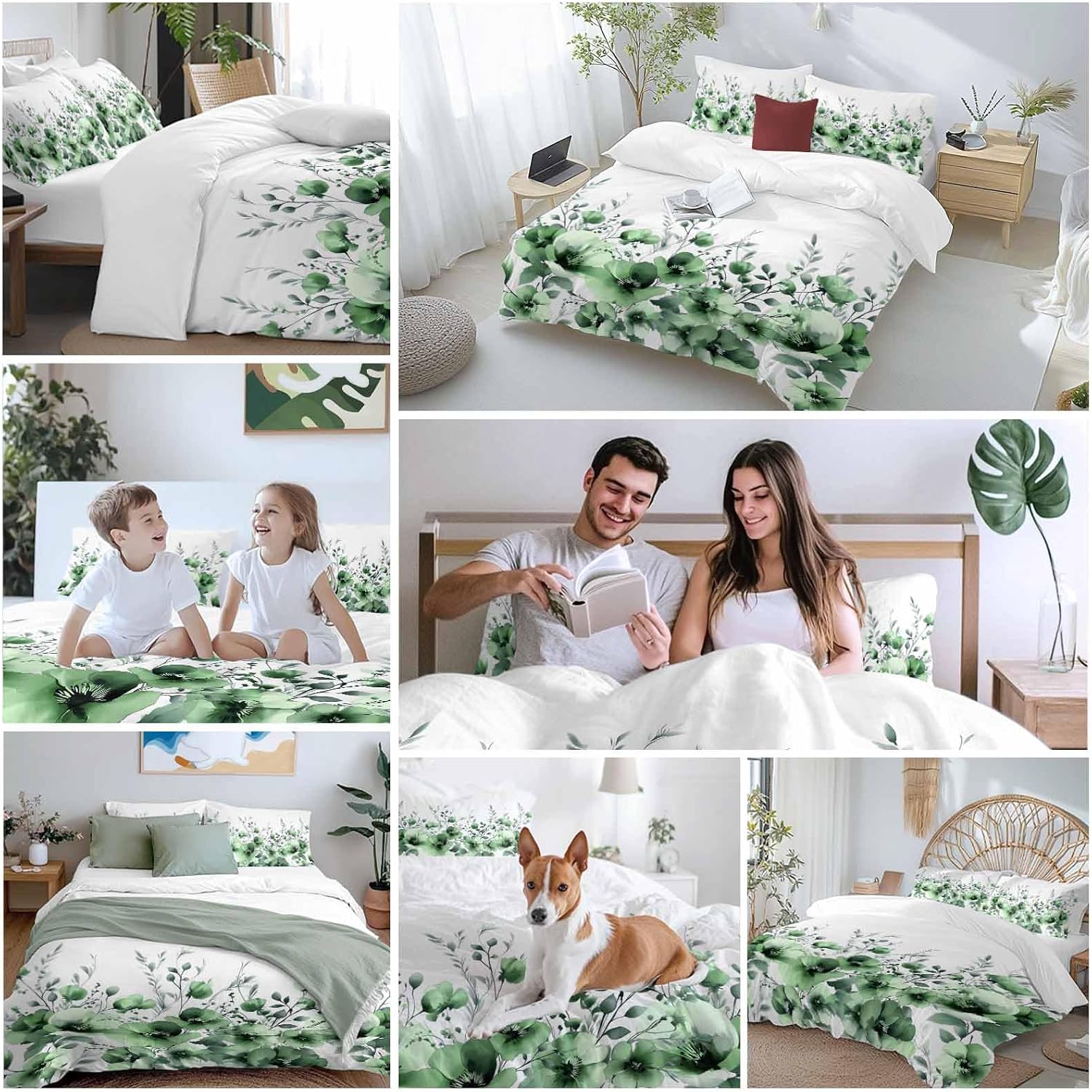 Prime Leader Spring Floral Duvet Cover Set Queen Size 4 Pieces Watercolor Green Flower Plants Country Bedding Set with Zipper Closure, 1 Comforter Cover 90x92 Inches 1 Flat Sheet & 2 Pillow Cases
