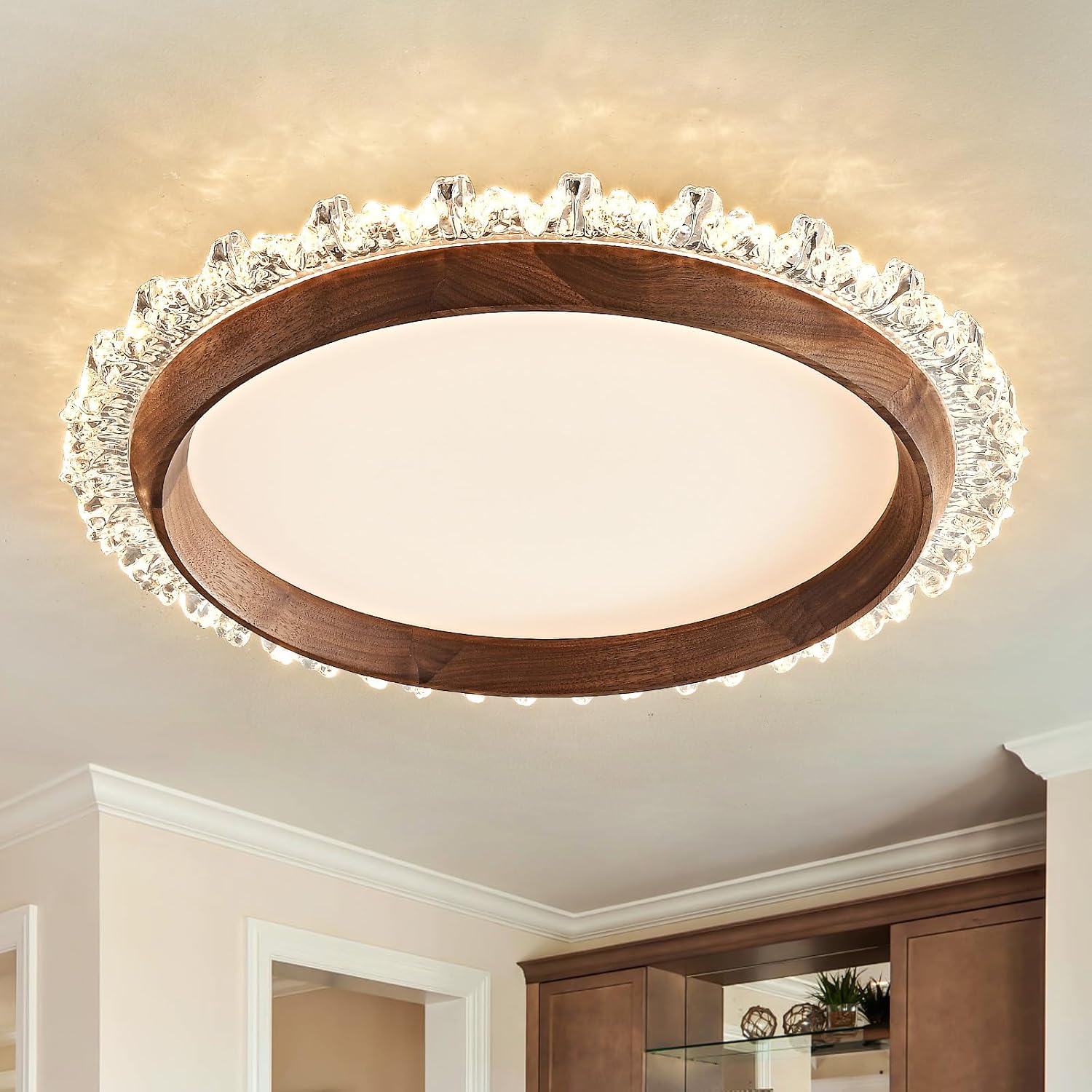 Modern LED Ceiling Light,Dimmable Wood Flush Mount Ceiling Light Fixture,3000K-6000K Round Remote Control Walnut Wood Ceiling Lamp Fixture for Bedroom,entrway,Laundry Room,Kitchen,Hallway,Living Room