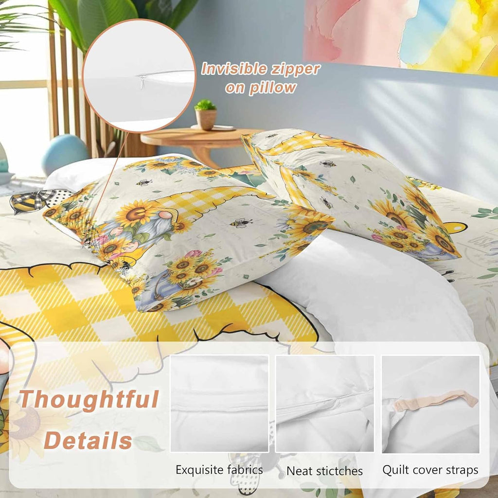 Sunflower Gnome Duvet Cover Set Queen Size 4 Pieces Bee Yellow Flower Leaf Spring Plant Farm Bedding Set with Zipper Closure, 1 Comforter Cover 92x106 Inches 1 Flat Sheet & 2 Pillow Cases