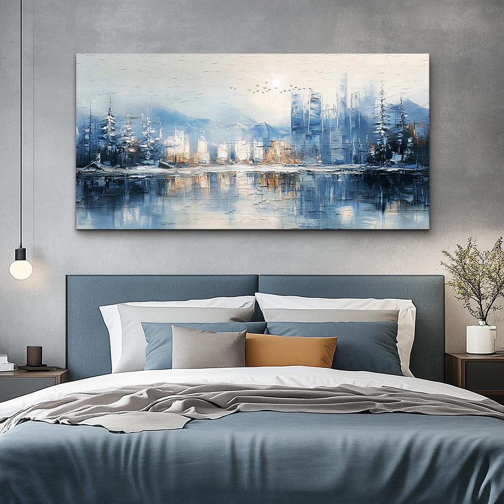 QIYILEXWART Canvas Wall Art For Living Room Large Wall Decor For Office Bedroom Decorations The Blue Lake Pictures Stretched And Framed Watercolour Abstract Painting Artwork Room Ready To Hang