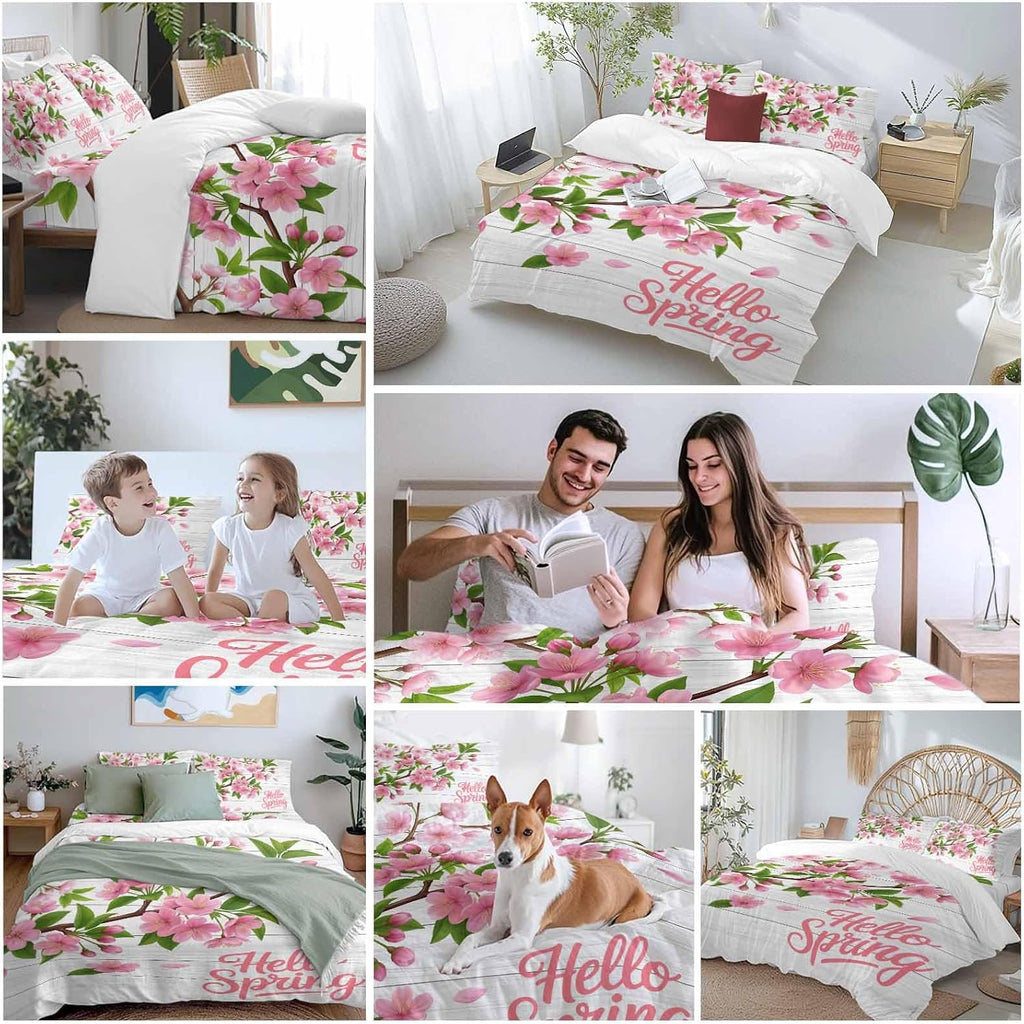 Hello Spring Floral Duvet Cover Set Queen Size 4 Pieces Watercolor Flower Green Leaves Wood Grain Bedding Set with Zipper Closure, 1 Comforter Cover 86x86 Inches 1 Flat Sheet & 2 Pillow Cases