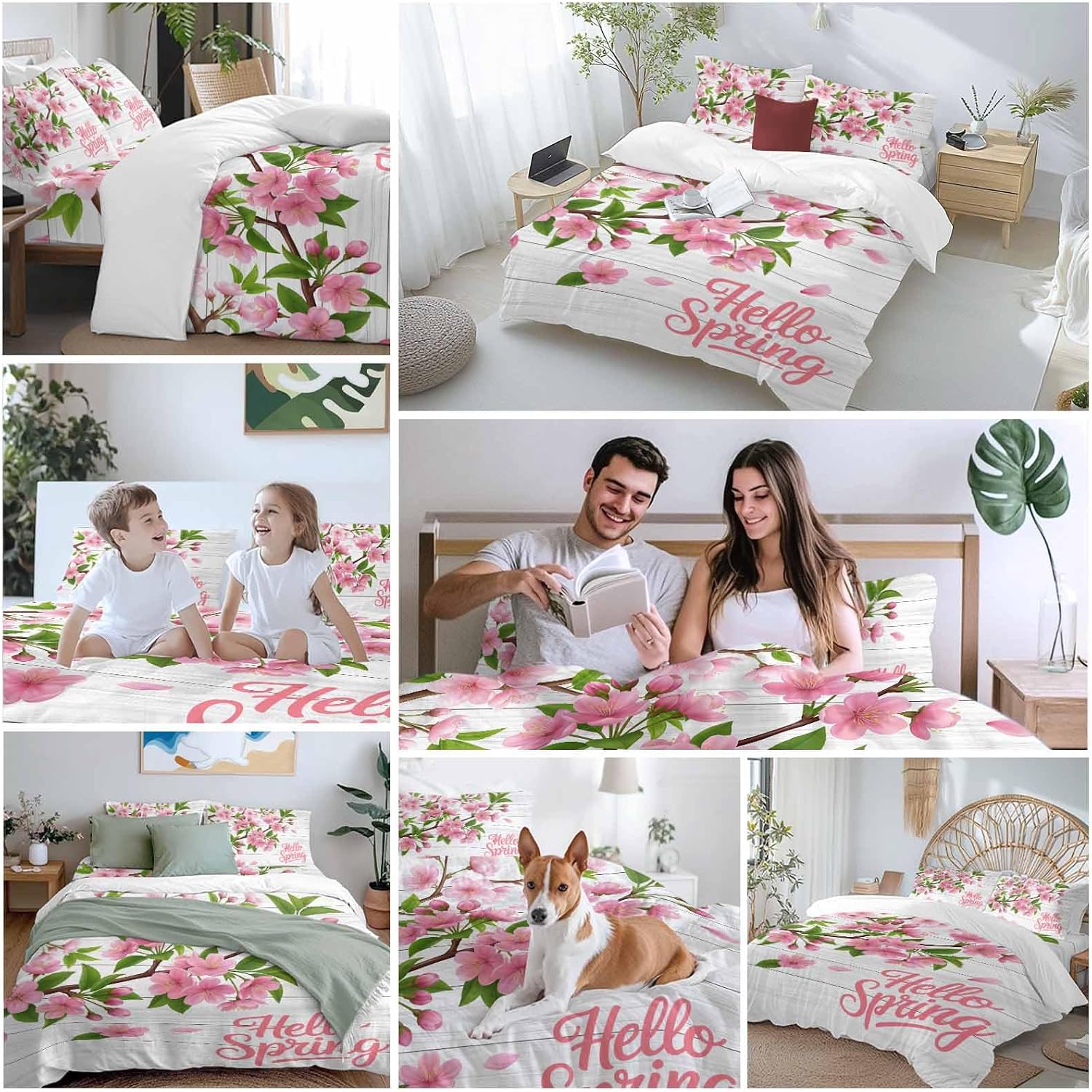Hello Spring Floral Duvet Cover Set Queen Size 4 Pieces Watercolor Flower Green Leaves Wood Grain Bedding Set with Zipper Closure, 1 Comforter Cover 86x86 Inches 1 Flat Sheet & 2 Pillow Cases