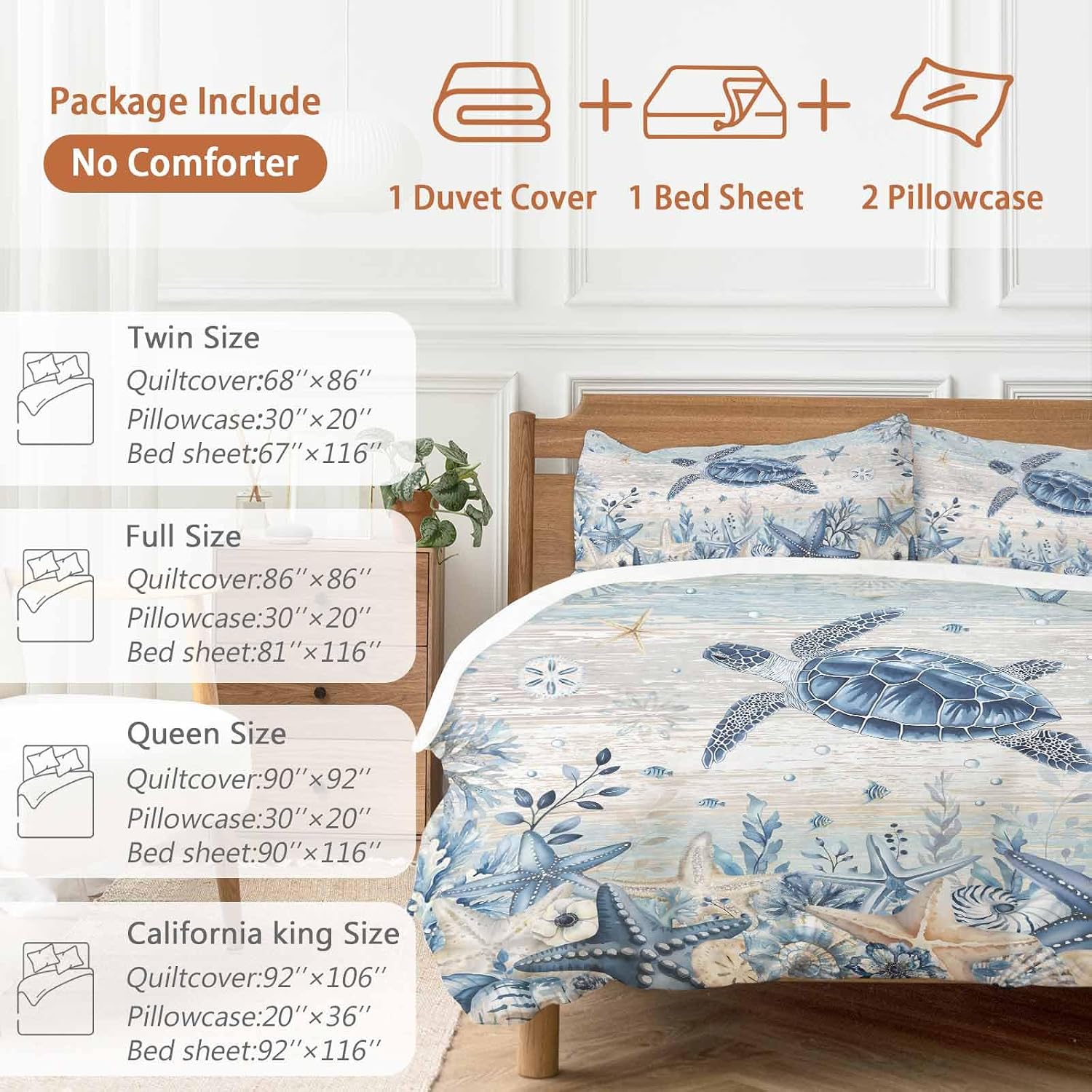 Ocean Turtles Duvet Cover Set Queen Size 4 Pieces Blue Yellow Sea Star Shell Coral Yellow Blue Stripes Bedding Set with Zipper Closure, 1 Comforter Cover 92x106 Inches 1 Flat Sheet & 2 Pillow Cases