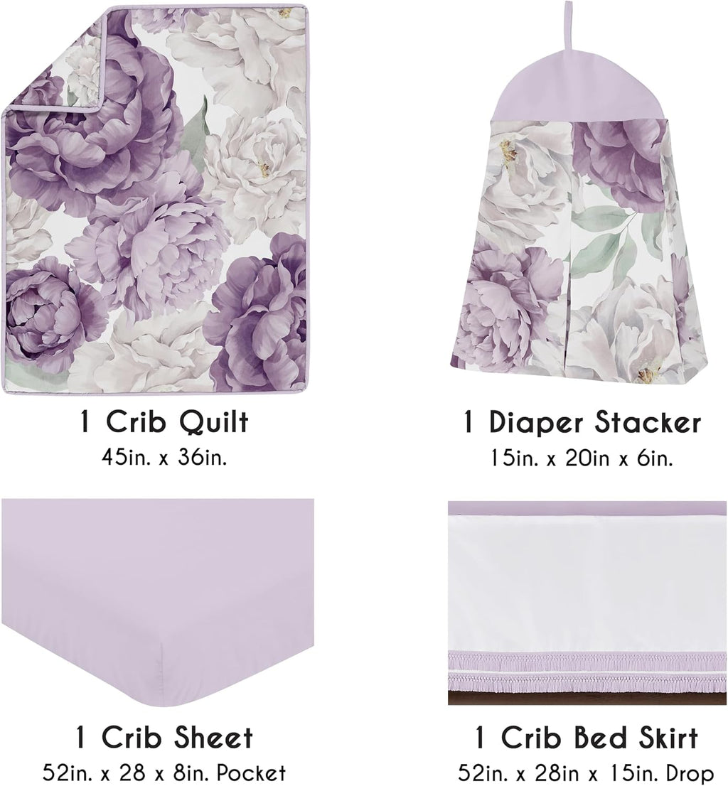 Sweet Jojo Designs 4-Piece Baby Crib Bedding Set (Purple Lavendar Boho Floral) for Girls, Infants/Nursery incl. Blanket, Fitted Sheet, Skirt, Diaper Stacker (Vintage, Elegant, Shabby Chic, Wildflower)