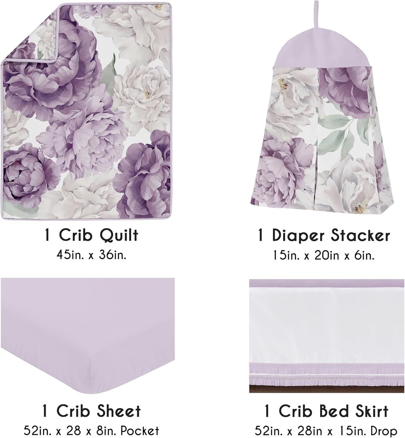 Sweet Jojo Designs 4-Piece Baby Crib Bedding Set (Purple Lavendar Boho Floral) for Girls, Infants/Nursery incl. Blanket, Fitted Sheet, Skirt, Diaper Stacker (Vintage, Elegant, Shabby Chic, Wildflower)