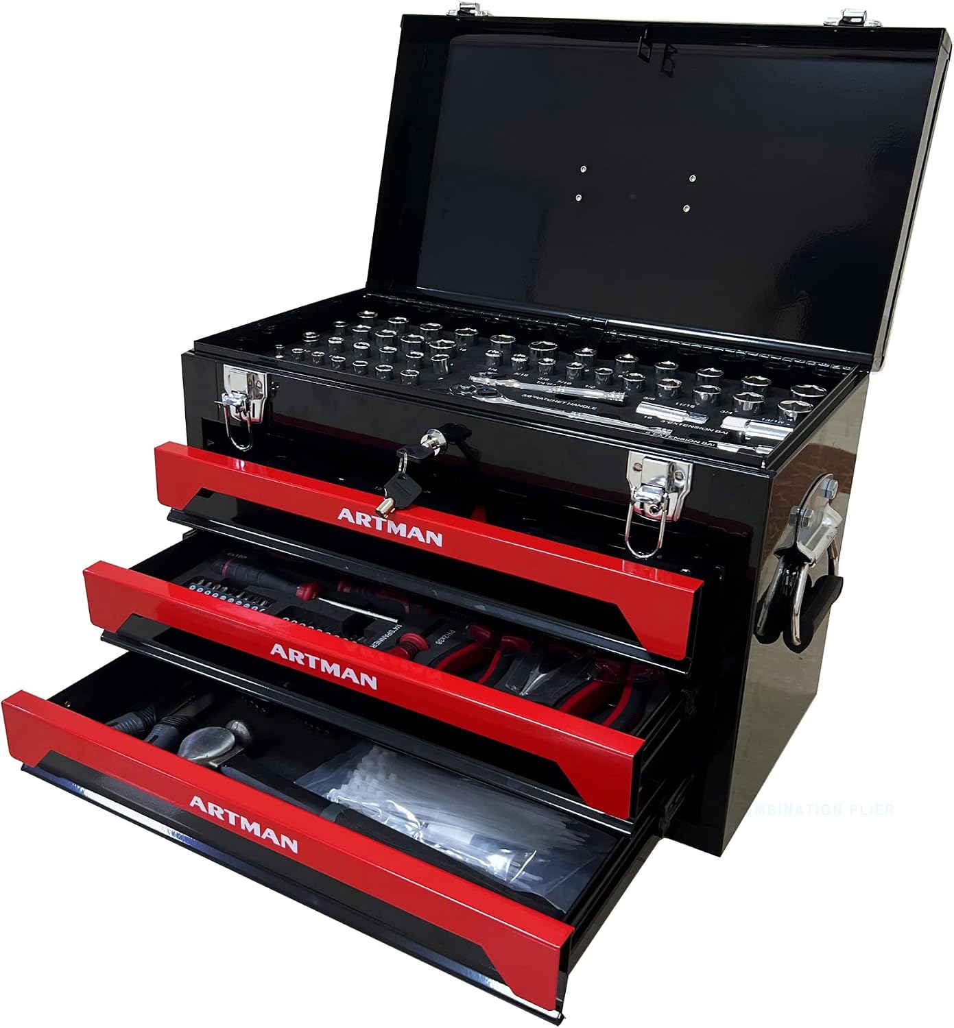 Tool Set and Mechanic Tool Set Box with Handle and 3-Drawer Heavy Duty Metal Box - 339 Piece Tool Kits for Adults Mechanics Workshop Maintenance and Repair Projects - Red