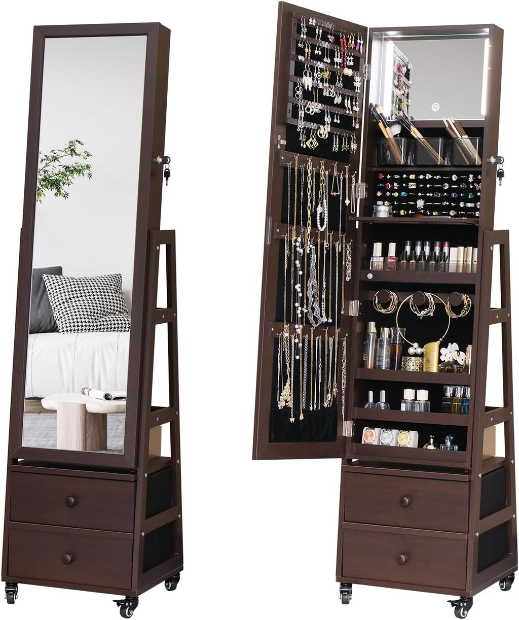 Rotating Standing Jewelry Cabinet with Lockable,Full Length Mirror with Storage Large Capacity Jewelry Organizer Armoire Floor Mirror with Back Storage Shelves for Bedroom Brown