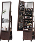 Rotating Standing Jewelry Cabinet with Lockable,Full Length Mirror with Storage Large Capacity Jewelry Organizer Armoire Floor Mirror with Back Storage Shelves for Bedroom Brown