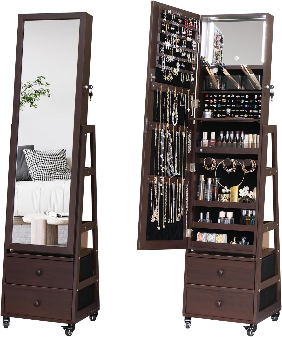 Rotating Standing Jewelry Cabinet with Lockable,Full Length Mirror with Storage Large Capacity Jewelry Organizer Armoire Floor Mirror with Back Storage Shelves for Bedroom Brown