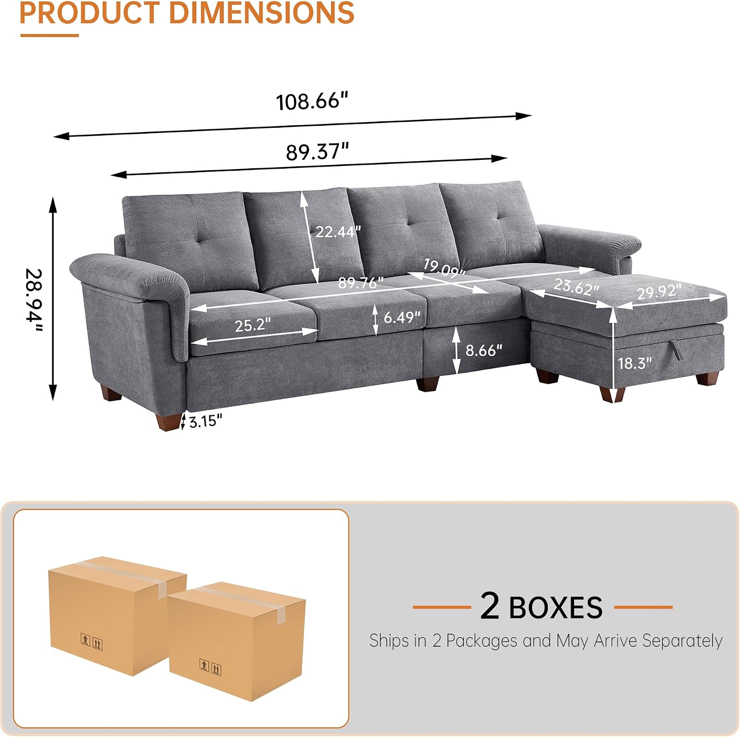 4-Seat Sectional Couches for Living Room, Bedroom, Office with Storage, L Shape Convertible Sectional Sofa Couch with Ottoman and Cup Holders, Light Grey