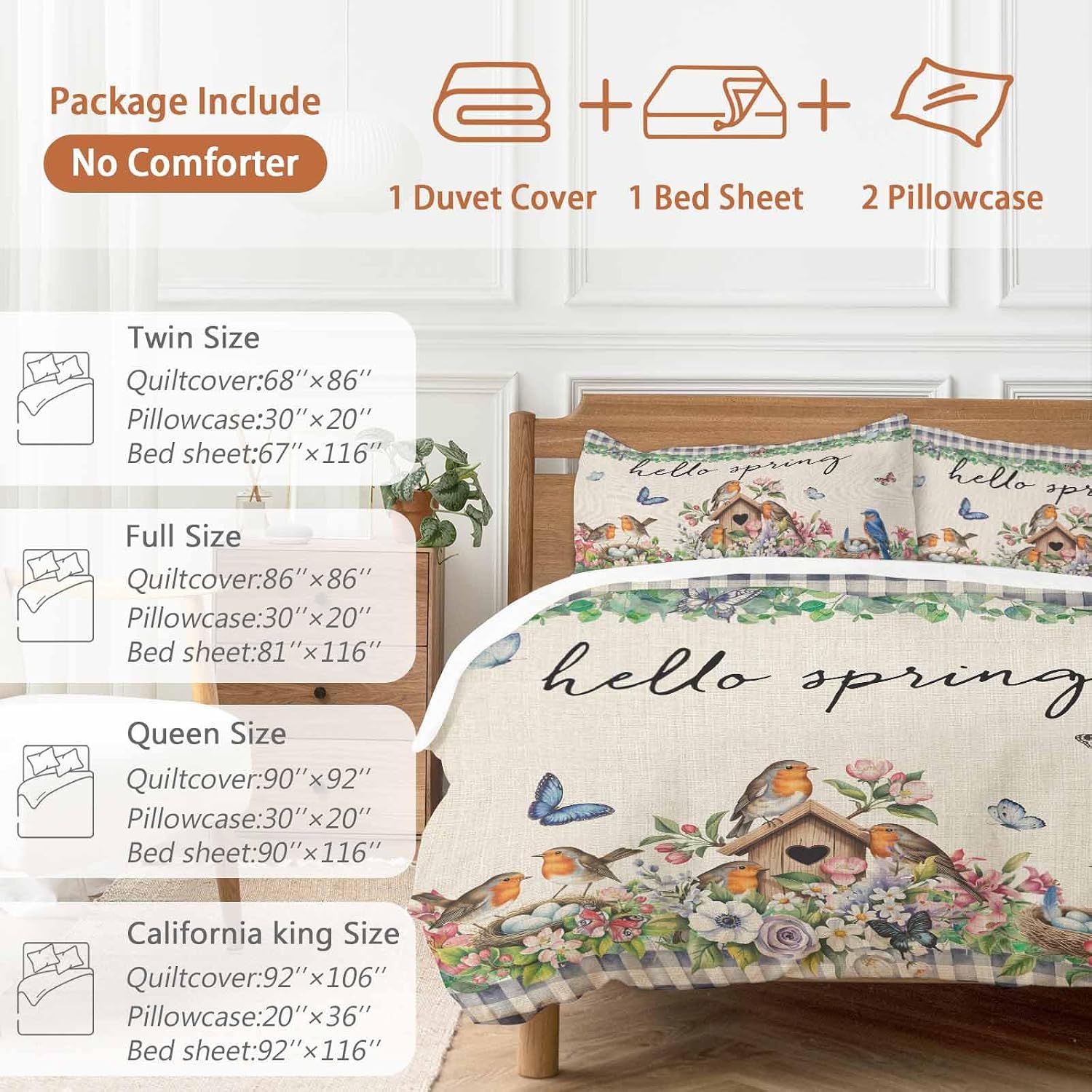 Hello Spring Duvet Cover Set Queen Size 4 Pieces Bird Pink White Flowers Butterflies Vintage Linen Texture Bedding Set with Zipper Closure,1 Comforter Cover 92x106 Inches 1 Flat Sheet & 2 Pillow Cases