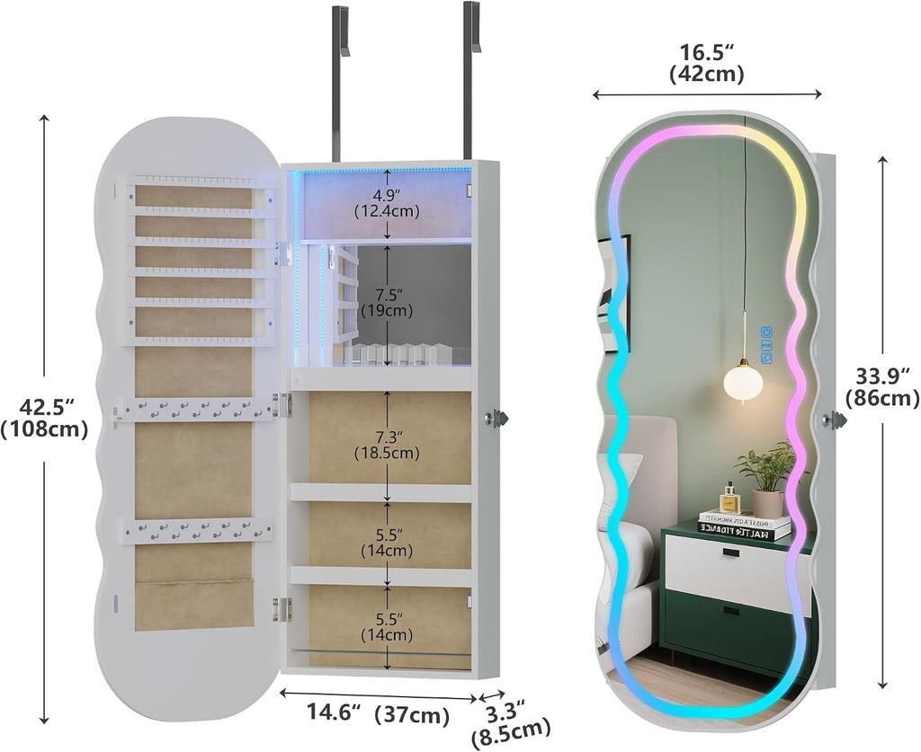 HNEBC LED Mirror Jewelry Cabinet with RGB Lights,42.5' Wall Mounted Jewelry Organizer with Full-Length Mirror,Over The Door Hanging Jewelry Armoire Storage Cabinet,Lockable,Wide Wavy Mirror