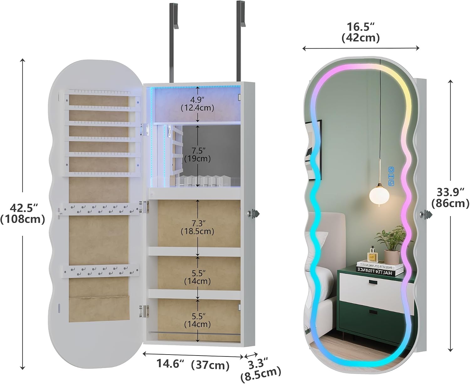 HNEBC LED Mirror Jewelry Cabinet with RGB Lights,42.5' Wall Mounted Jewelry Organizer with Full-Length Mirror,Over The Door Hanging Jewelry Armoire Storage Cabinet,Lockable,Wide Wavy Mirror