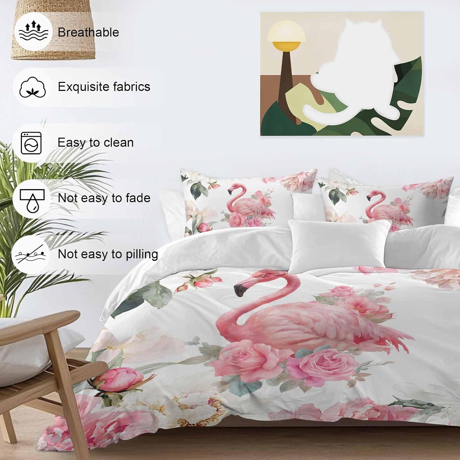 Prime Leader Flamingos Rose Duvet Cover Set Queen Size 4 Pieces Pink Watercolor Floral Spring Nature Bedding Set with Zipper Closure, 1 Comforter Cover 92x106 Inches 1 Flat Sheet & 2 Pillow Cases