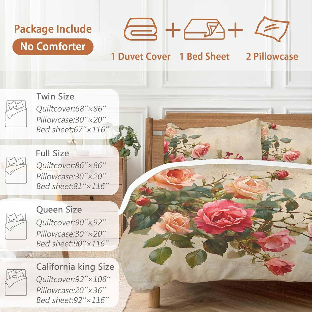 Spring Red Rose Duvet Cover Set Queen Size 4 Pieces Country Watercolor Pink Orange Floral Green Leaf Linen Bedding Set with Zipper Closure, 1 Comforter Cover 90x92 Inches 1 Flat Sheet & 2 Pillow Cases