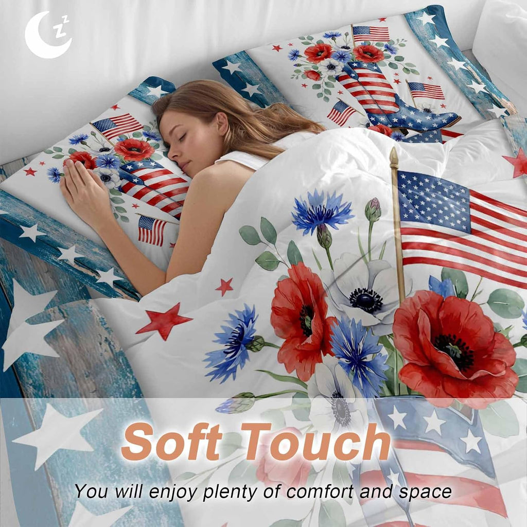 Independence Day Duvet Cover Set Queen Size 4 Pieces American Flag Boots Flowers Blue Wood Grain Bedding Set with Zipper Closure, 1 Comforter Cover 86x86 Inches 1 Flat Sheet & 2 Pillow Cases