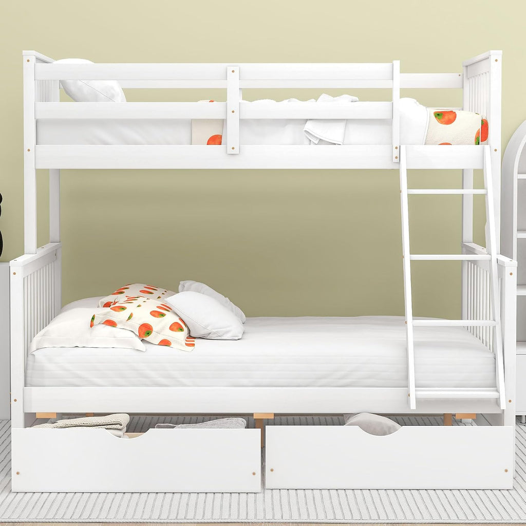 Merax Wood Bunk Bed with Drawers,Convertible Wood Bunk Bed with Ladders and Two Storage Drawers,Solid Wood Detachable Bed Frame with Ladders,Twin Over Full Size,White