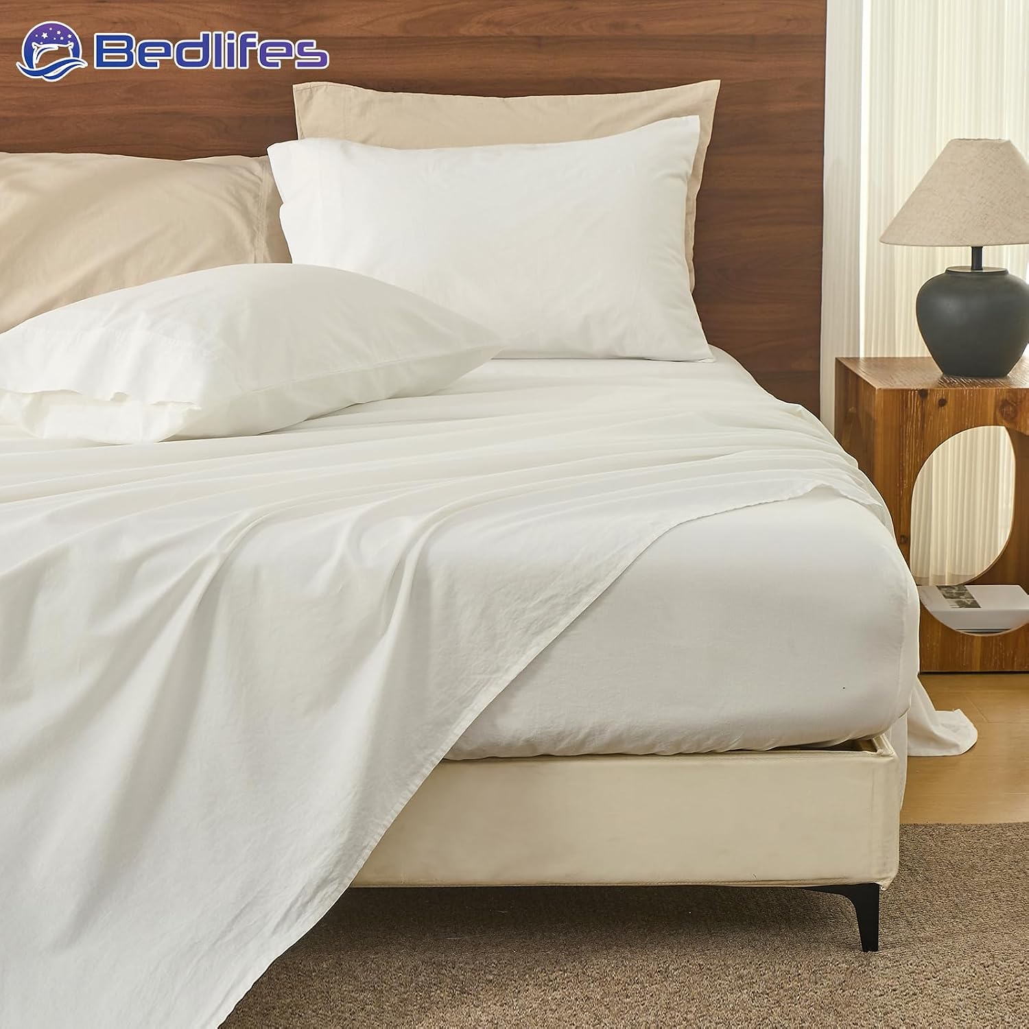 Bedlifes 100% French Pure Linen Sheets California King Size Breathable and Cooling Flax Sheet Set Soft Durable and Moisture Wicking 16 Inch Deep Pocket-4 Piece(Cal King,White)