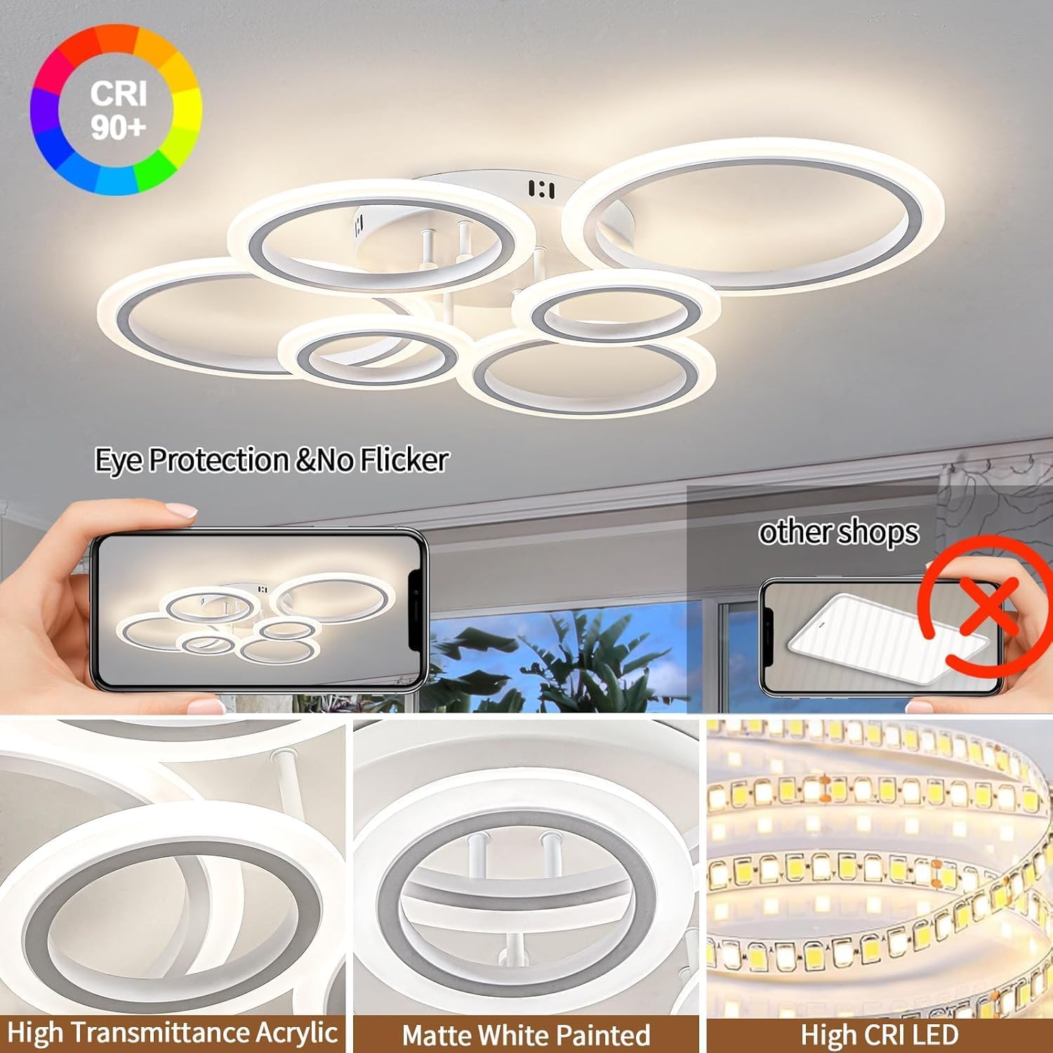Shine LUEST 60W Modern LED Ceiling Light Fixture, Dimmable LED Chandelier Flush Mount Ceiling Lights Remote Control 6 Acrylic Ring Ceiling Lamp Fixture for Living Room Dining Room Bedroom, 7640LM