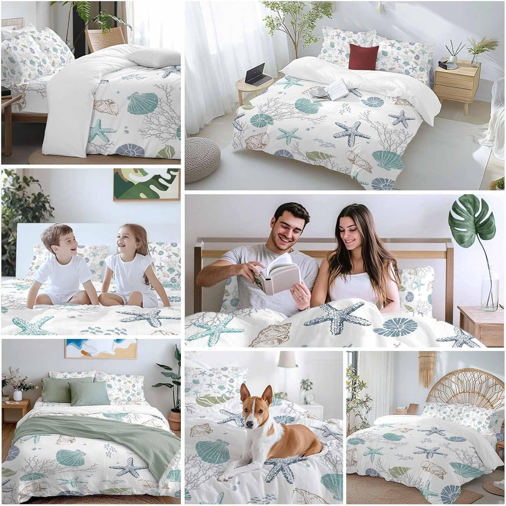 Prime Leader Summer Beach Duvet Cover Set Queen Size 4 Pieces Nautical Starfish Coral Shell Teal Ocean Bedding Set with Zipper Closure, 1 Comforter Cover 92x106 Inches 1 Flat Sheet & 2 Pillow Cases