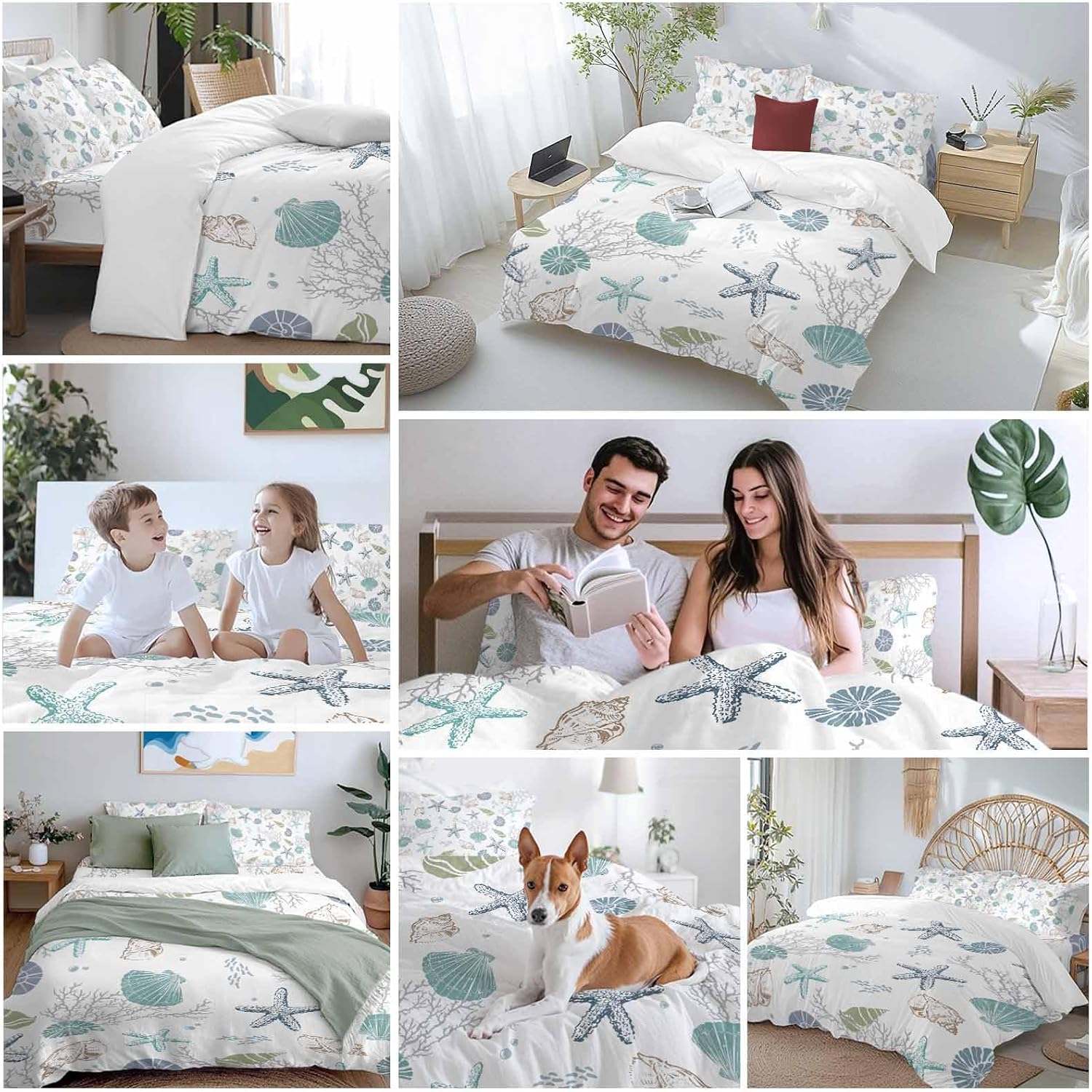 Prime Leader Summer Beach Duvet Cover Set Queen Size 4 Pieces Nautical Starfish Coral Shell Teal Ocean Bedding Set with Zipper Closure, 1 Comforter Cover 92x106 Inches 1 Flat Sheet & 2 Pillow Cases