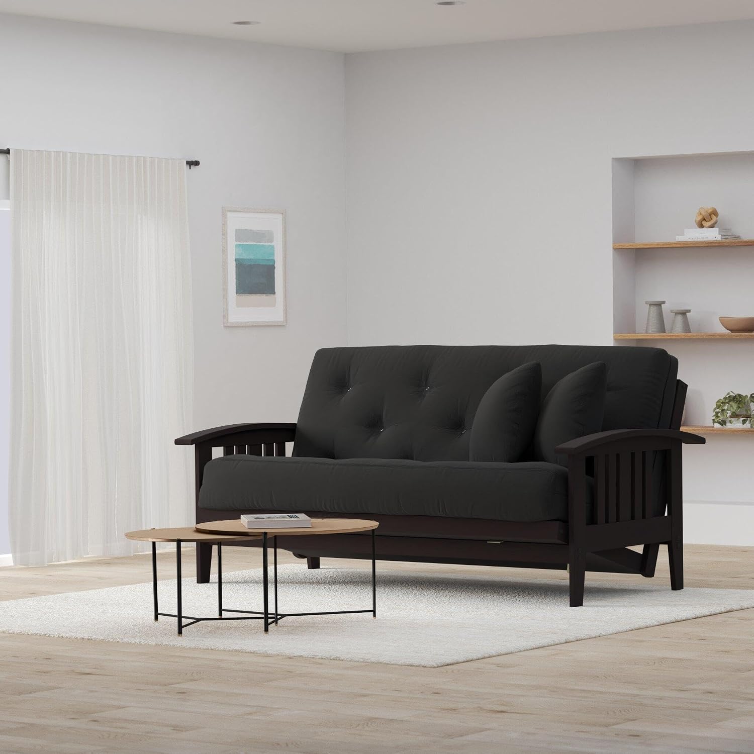 Nirvana Futons Westfield Espresso Finish (Warm Black) Full or Queen Size Futon Set, Mission Style Wood Futon Frame with Mattress Included (Twill Black)
