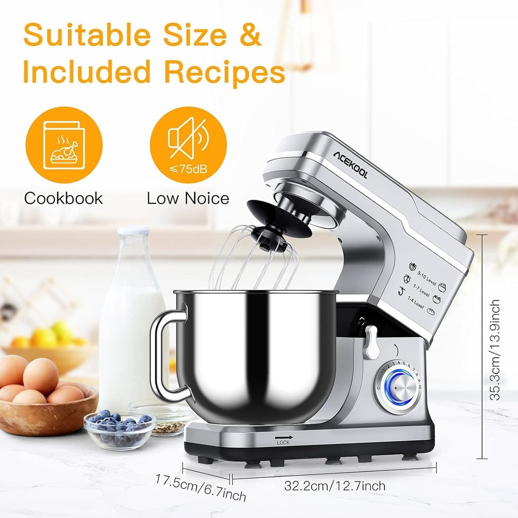 7.5 QT Stand Mixer, 10-Speed Tilt-Head Electric Dough Mixer with Stainless Steel Bowl, Includes Dough Hook, Wire Whisk, and Beater, with Splash Guard for Home Cooks, Silver