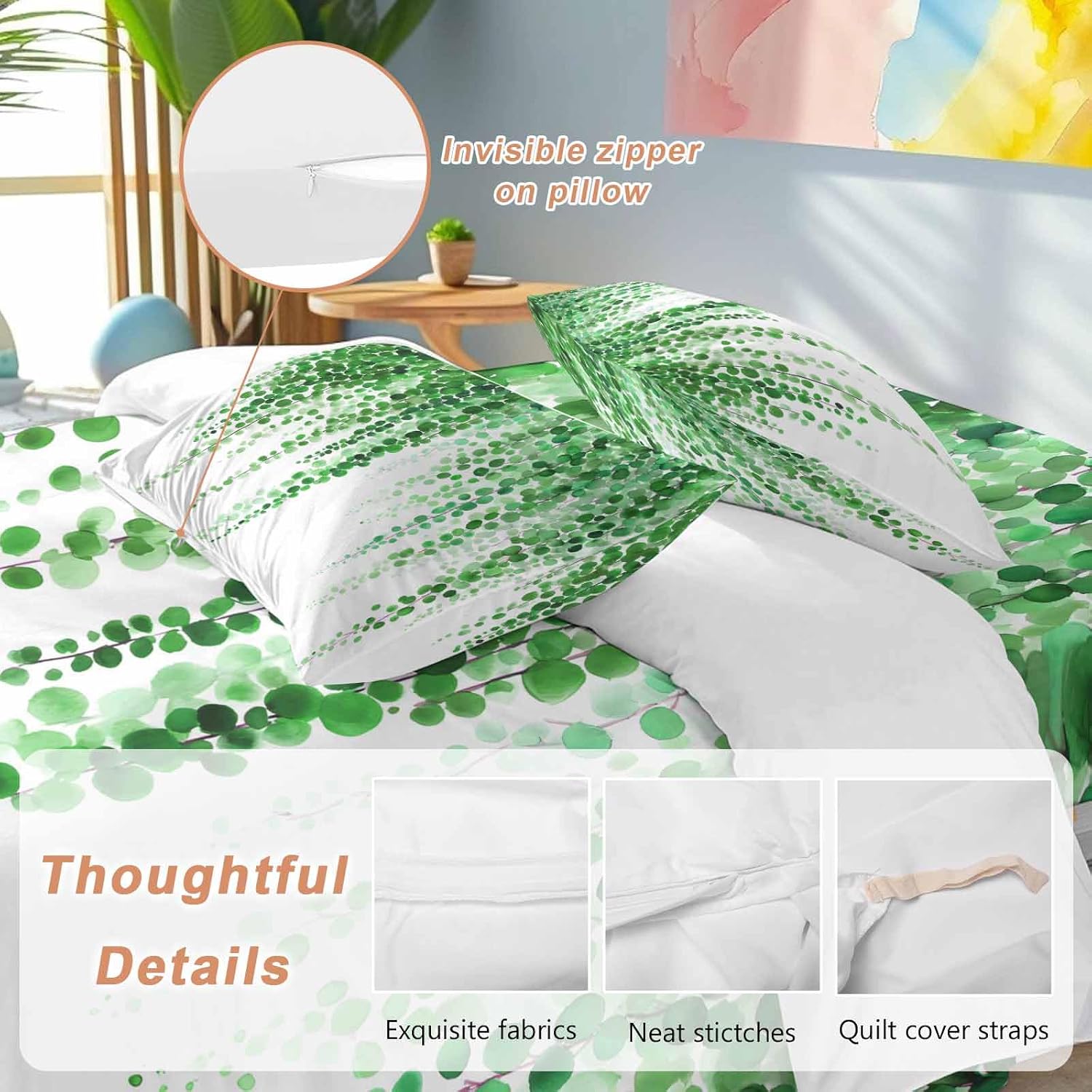 Prime Leader Green Eucalyptus Leaves Duvet Cover Set Queen Size 4 Pieces Summer Watercolor Plants Bedding Set with Zipper Closure, 1 Comforter Cover 92x106 Inches 1 Flat Sheet & 2 Pillow Cases