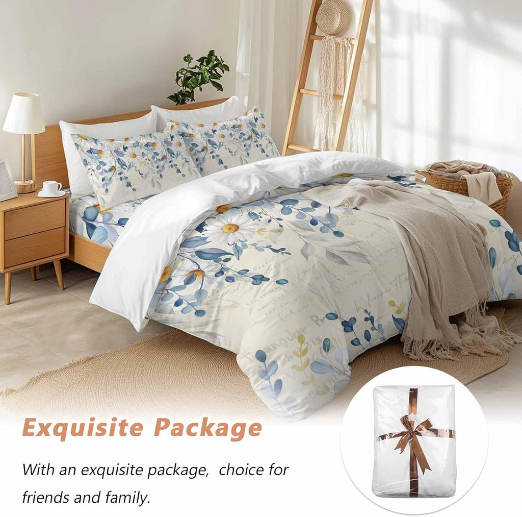 Spring Eucalyptus Leaves Duvet Cover Set Queen Size 4 Pieces Country Vintage Blue Leaf White Daisy Bedding Set with Zipper Closure, 1 Comforter Cover 92x106 Inches 1 Flat Sheet & 2 Pillow Cases
