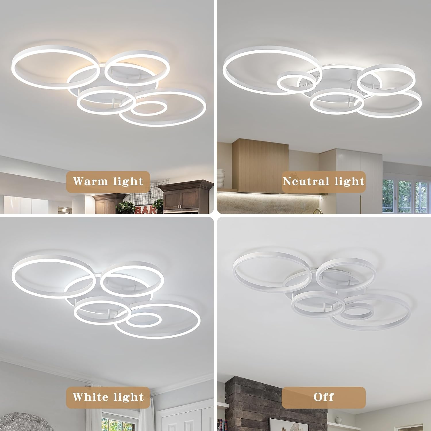 O'NEELDY Modern LED Ceiling Light White Flush Mount Ceiling Lights Fixtures Dimmable 47' Dining Room Light Fixture with Remote 6 Rings Kitchen Lighting Fixtures Ceiling Lamp for Bedroom,Living Room