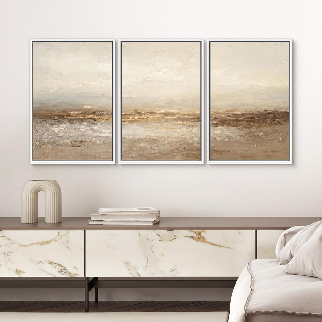 SIGNWIN Framed Wall Art Print Set Beige & Gold Horizon Abstract Minimalist Illustrations Modern Art Chic Multicolor for Living Room, Bedroom, Office - 24'x36'x3 White