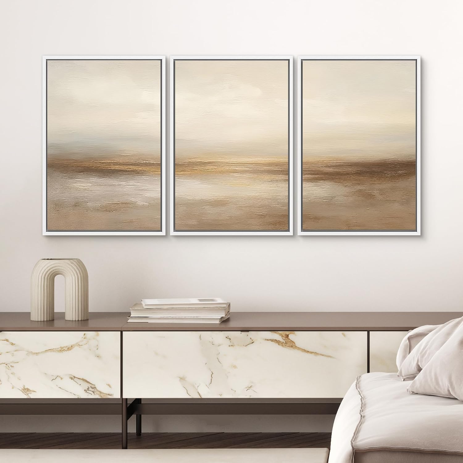SIGNWIN Framed Wall Art Print Set Beige & Gold Horizon Abstract Minimalist Illustrations Modern Art Chic Multicolor for Living Room, Bedroom, Office - 24'x36'x3 White