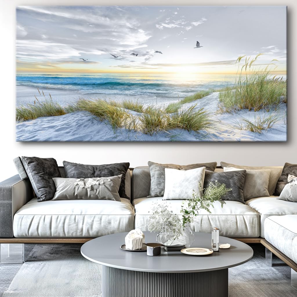 Canvas Prints Wall Art Beach Sunrise Ocean Waves Beach Grass Nature Pictures Stretched Canvas for living Room Bedroom and Office Home Decor 71'x36' with Framed